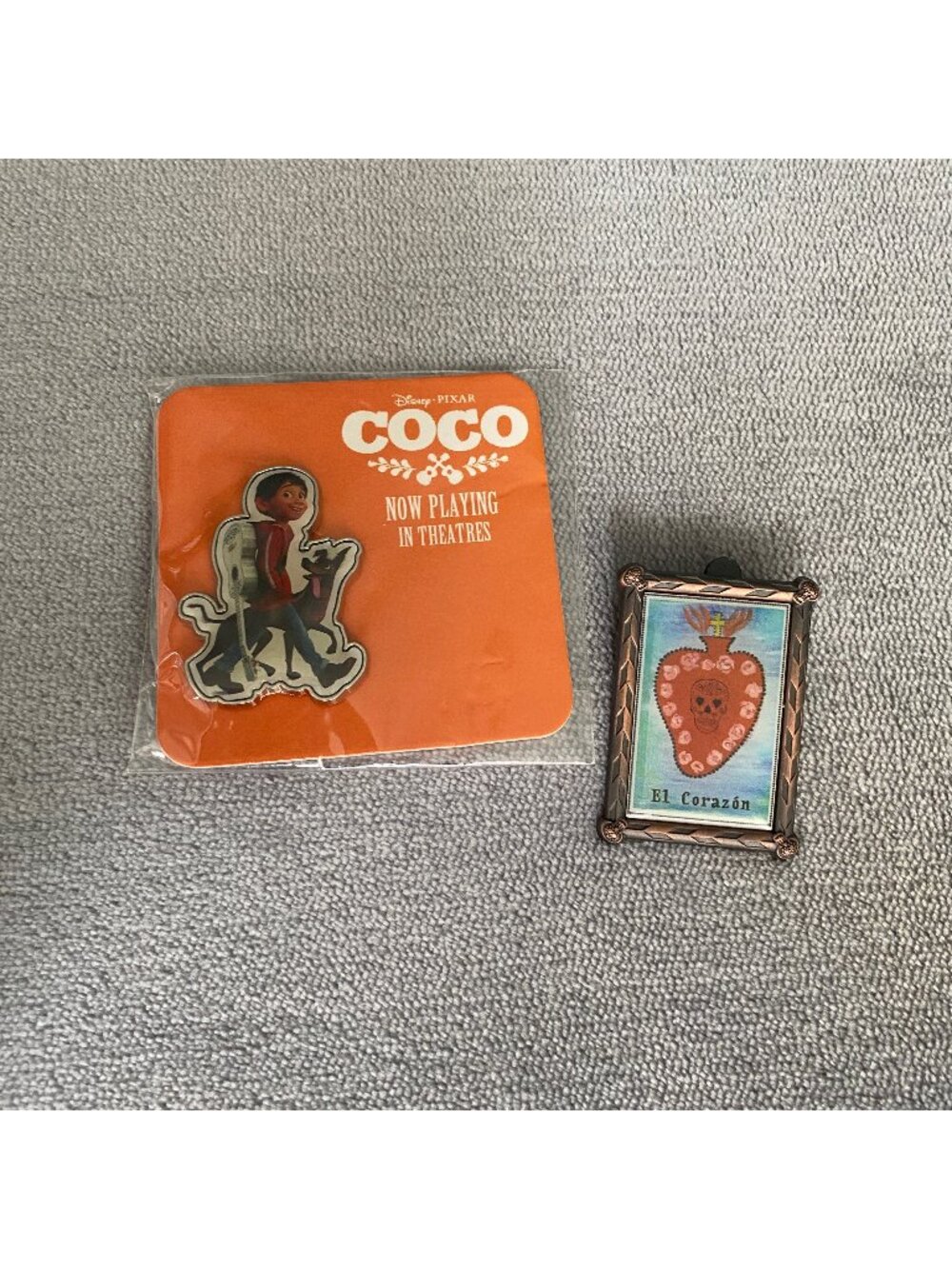 Disney Pixar Coco Enamel Pin Lot 2pc - AMC Premiere Miguel Dante & Loteria Card
